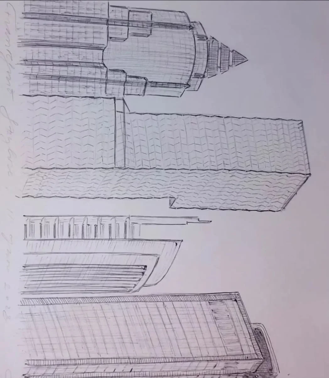 Frankfurt skyline, drawn from my gym rooftop, 2023. Pen and pencil