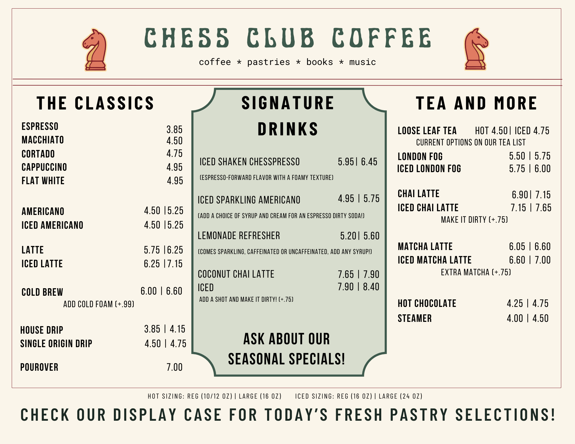 Menu board for Chess Club Coffee with sections for classic drinks, signature drinks, and tea and more, featuring coffee options and prices.