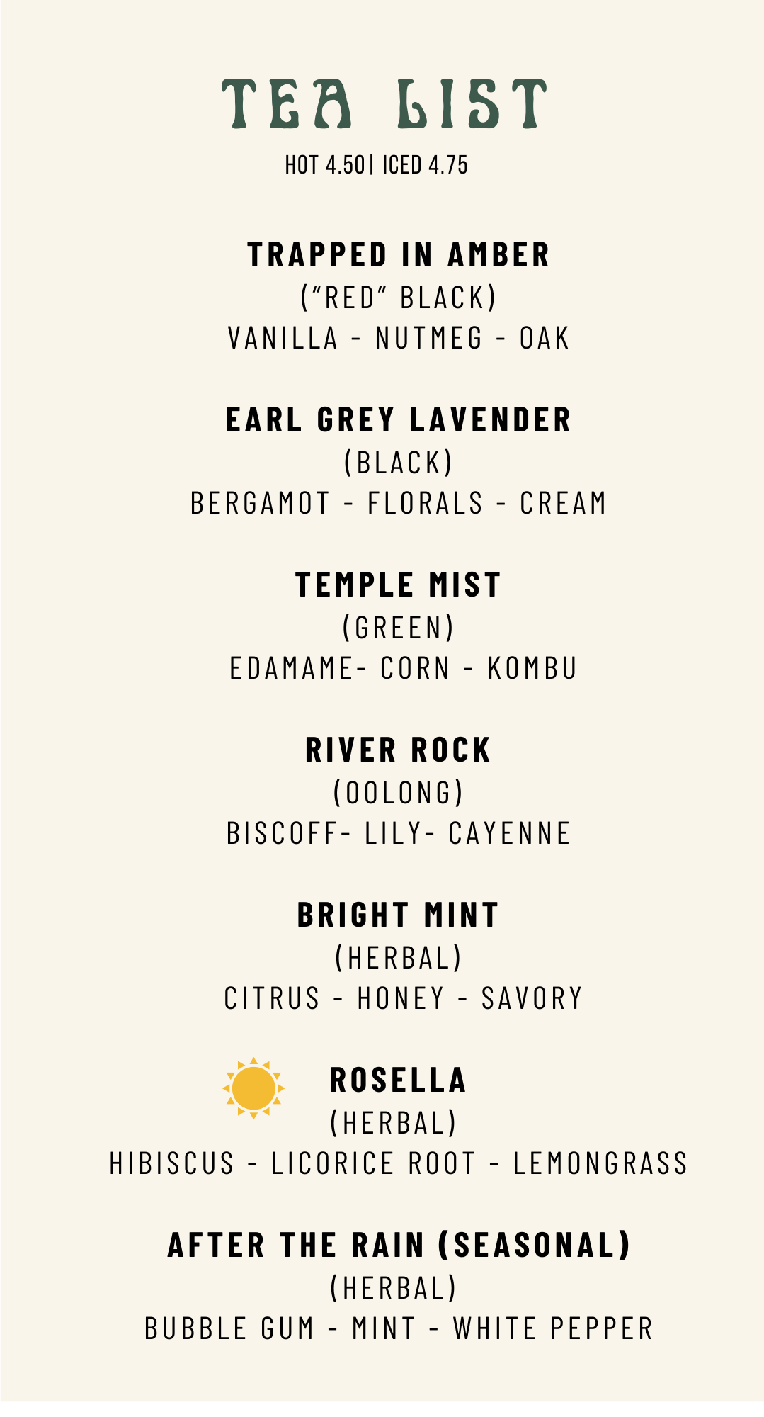 A tea menu listing various herbal and black teas with their ingredients and prices.