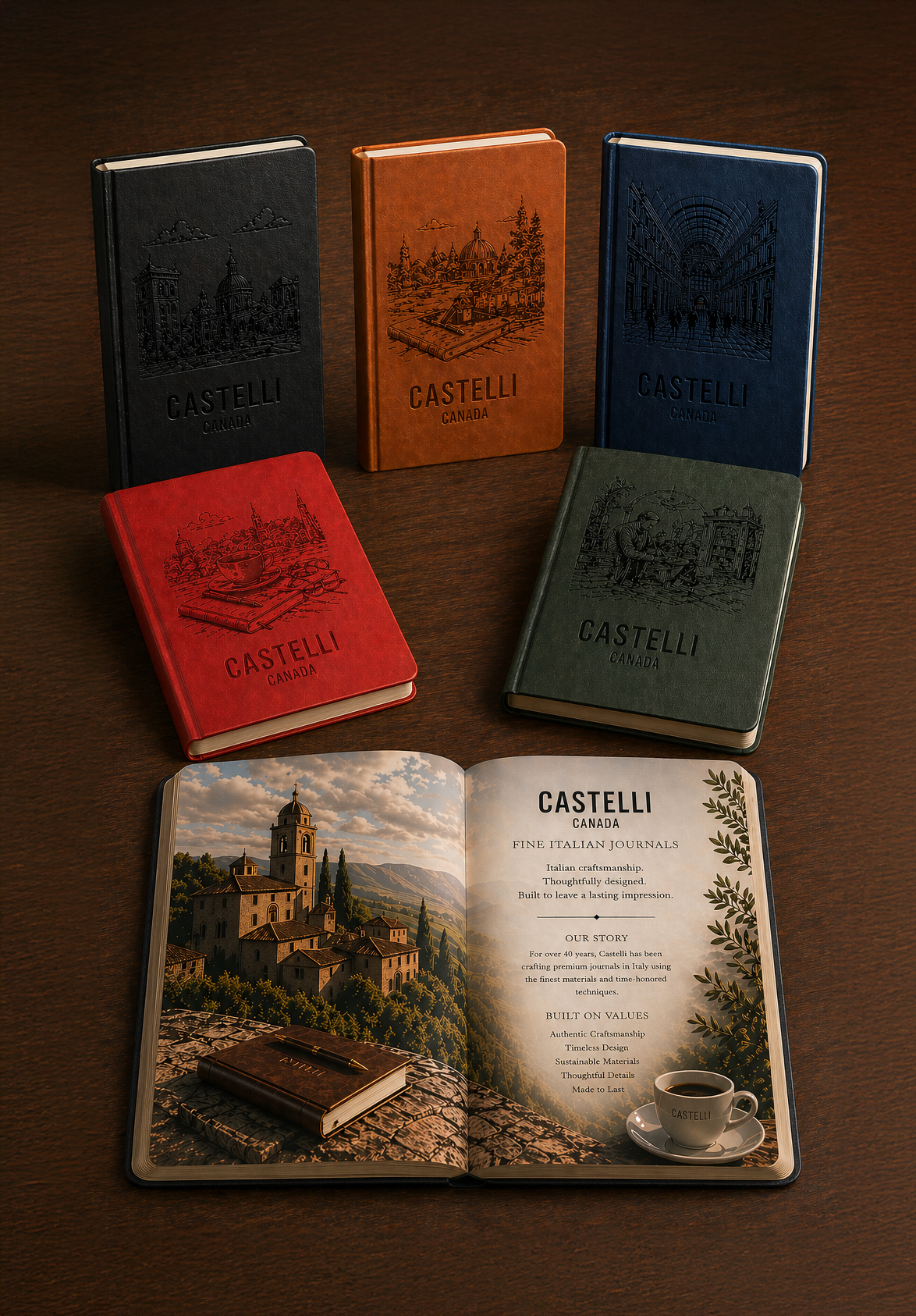 Deboss artwork applied across product line and integrated with branded content inserts.