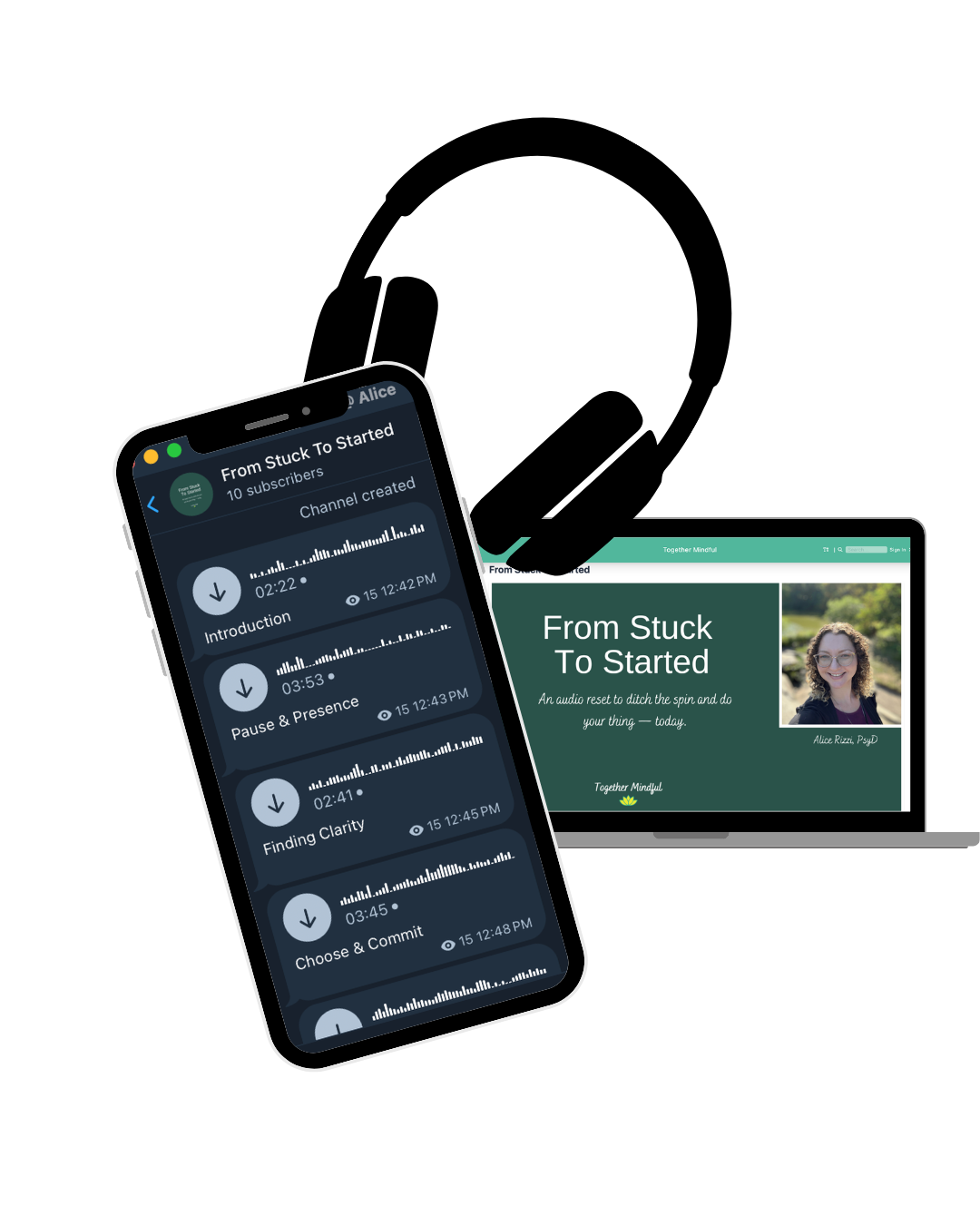 Mockup of FSTS course on phone and lap top with headphones