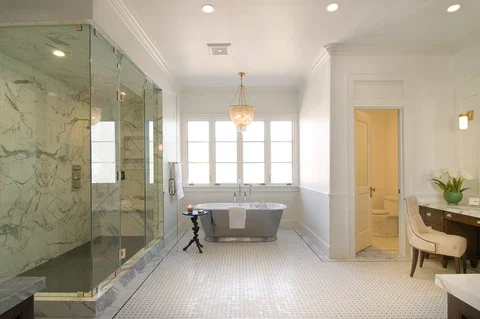 Finished luxury bathroom by Interior Archaeology, from rendering to install