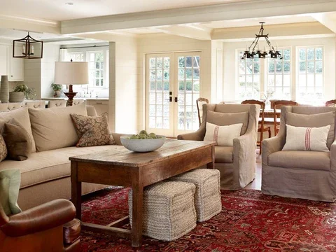 Open floor plan living room with vintage Heriz rug designed by Interior Archaeology