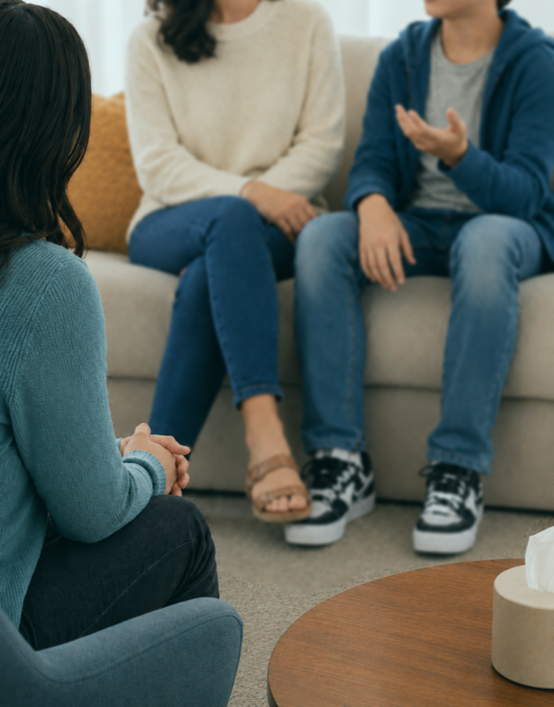 Therapist sitting with child and parent while child is talking