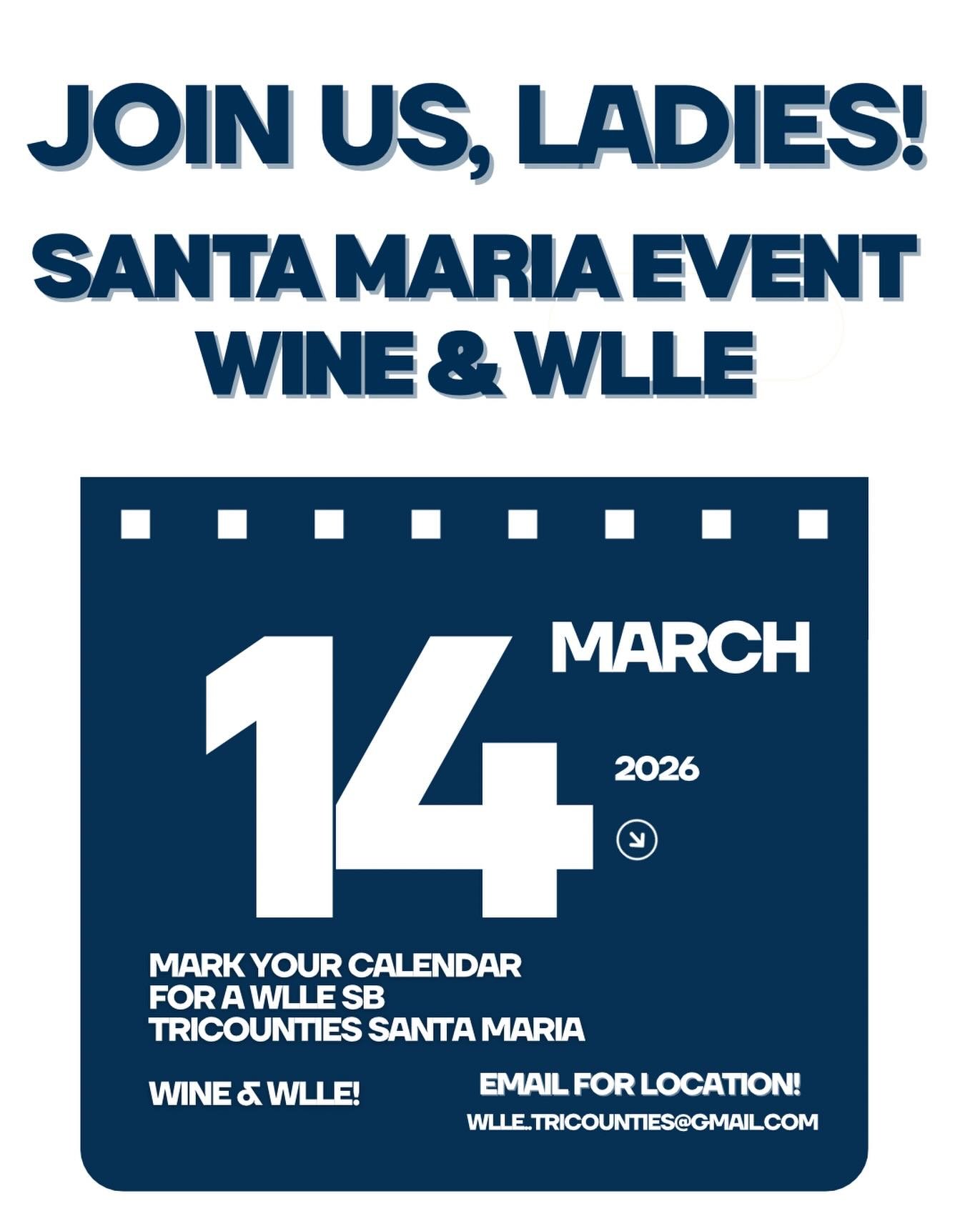 SANTA MARIA AREA! 

Wine, laughs, and WLLE ladies! 🍷💬
Join us for an afternoon of connection and a sneak peek at what we have planned for the year.

📍 Location shared after RSVP (for privacy)
📧 WLLE.TriCounties@gmail.com