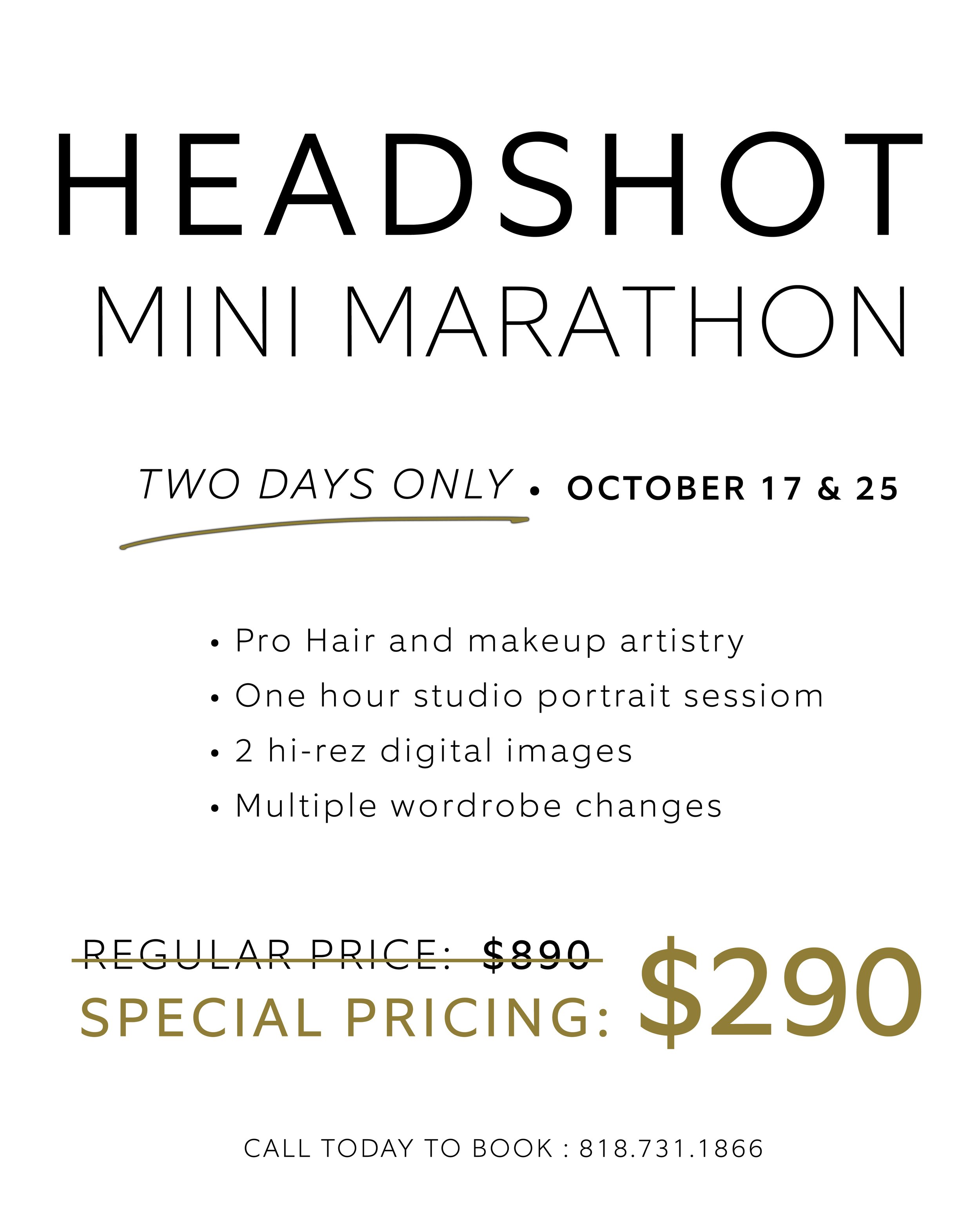 Flyer for Headshot Mini Marathon event scheduled for October 17 and 25, with details about makeup artistry, portrait session, digital images, wardrobe changes, and pricing.
