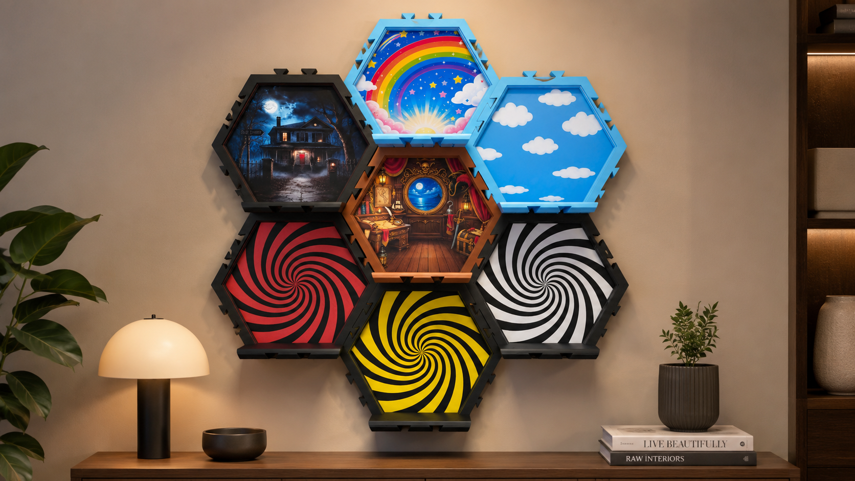 Decorative wall art consisting of seven hexagonal frames with colorful images, including a rainbow, clouds, a haunted house at night, a pirate ship, black and white swirls, and yellow and red swirls, arranged on a beige wall above a wooden sideboard.