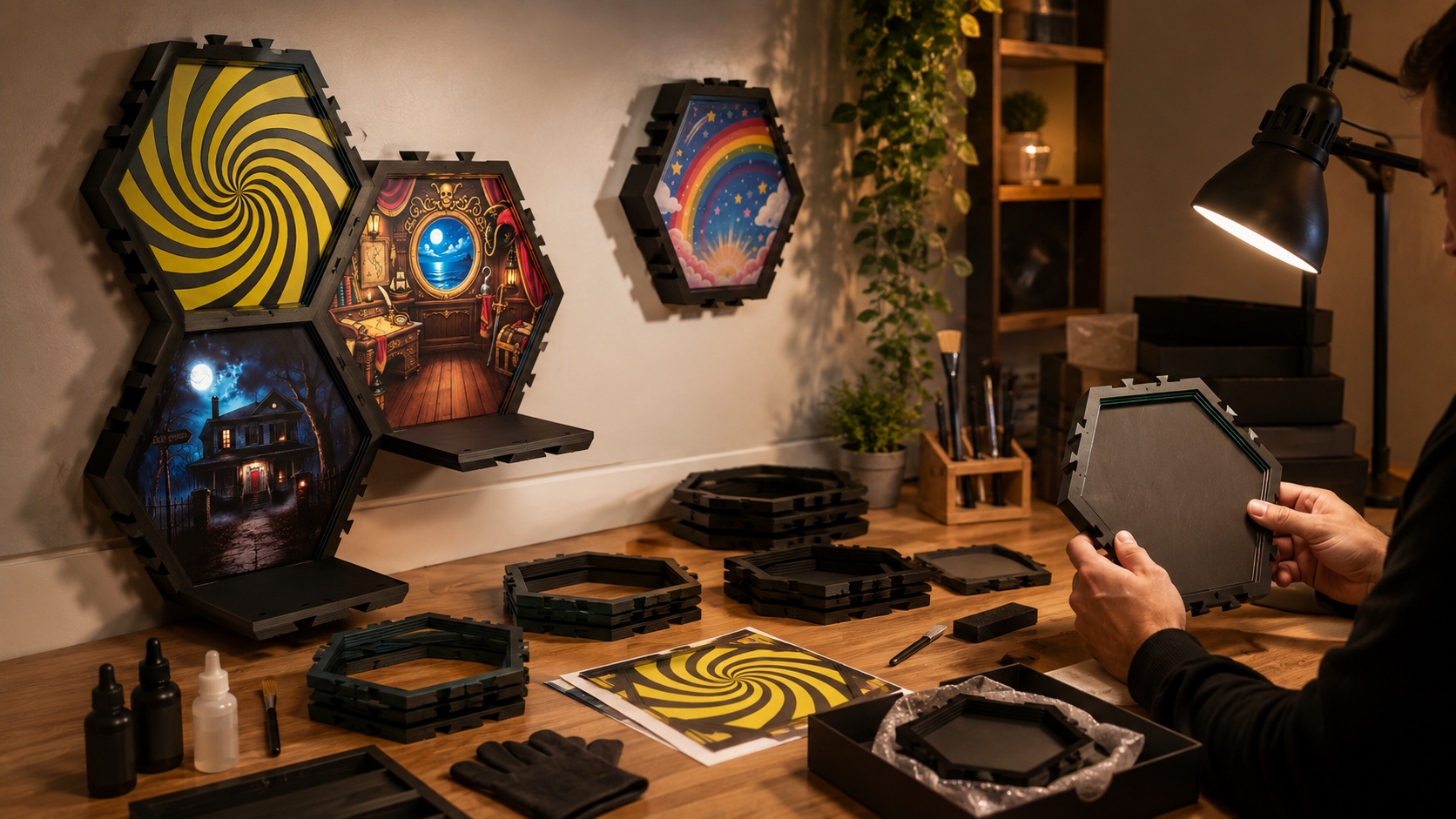 Person assembling hexagonal picture frames with custom artwork in a workshop with shelves and workspace lighting.