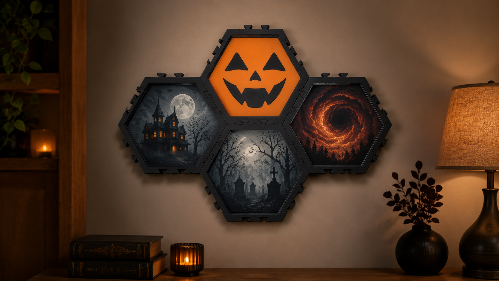 Decorative wall art featuring Halloween-themed images, including a glowing pumpkin face, a haunted house with a full moon, a swirling fiery vortex, and spooky graveyard scenes, all framed in hexagon shapes.