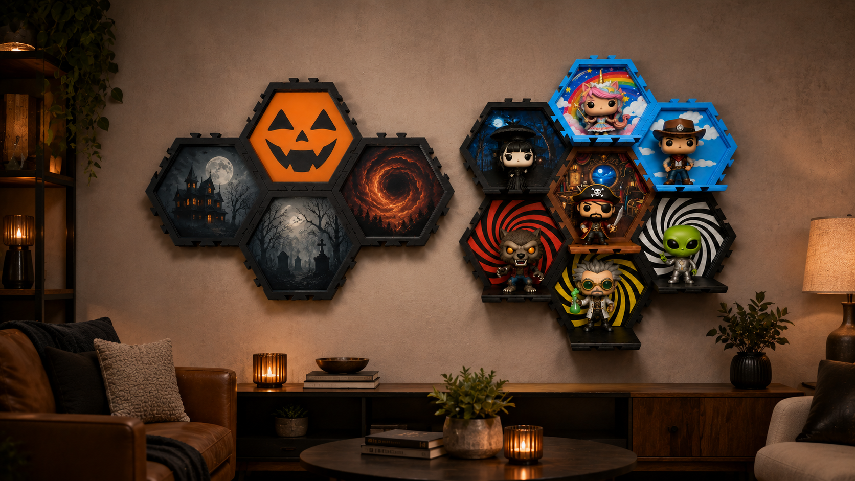 Living room wall decorated with hexagonal shelves displaying Funko Pop! figures dressed in costumes, with a Halloween-themed background and dark, spooky art on the wall.