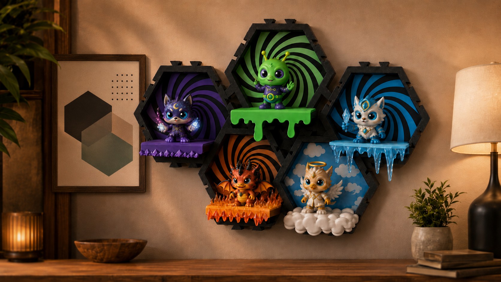 Decorative wall display featuring five colorful fantasy creature figurines on individual hexagonal shelves with spiraling backgrounds, set on a beige wall. The display includes a green alien-like creature, a purple fox-like creature, a blue ice-themed creature, a fiery orange dragon, and a white angelic creature with wings and a halo.