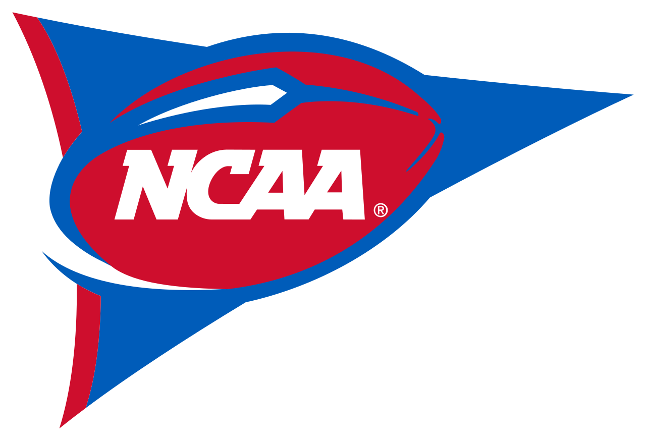 NCAA logo with a blue, red, and white design featuring a stylized eagle and the text NCAA.