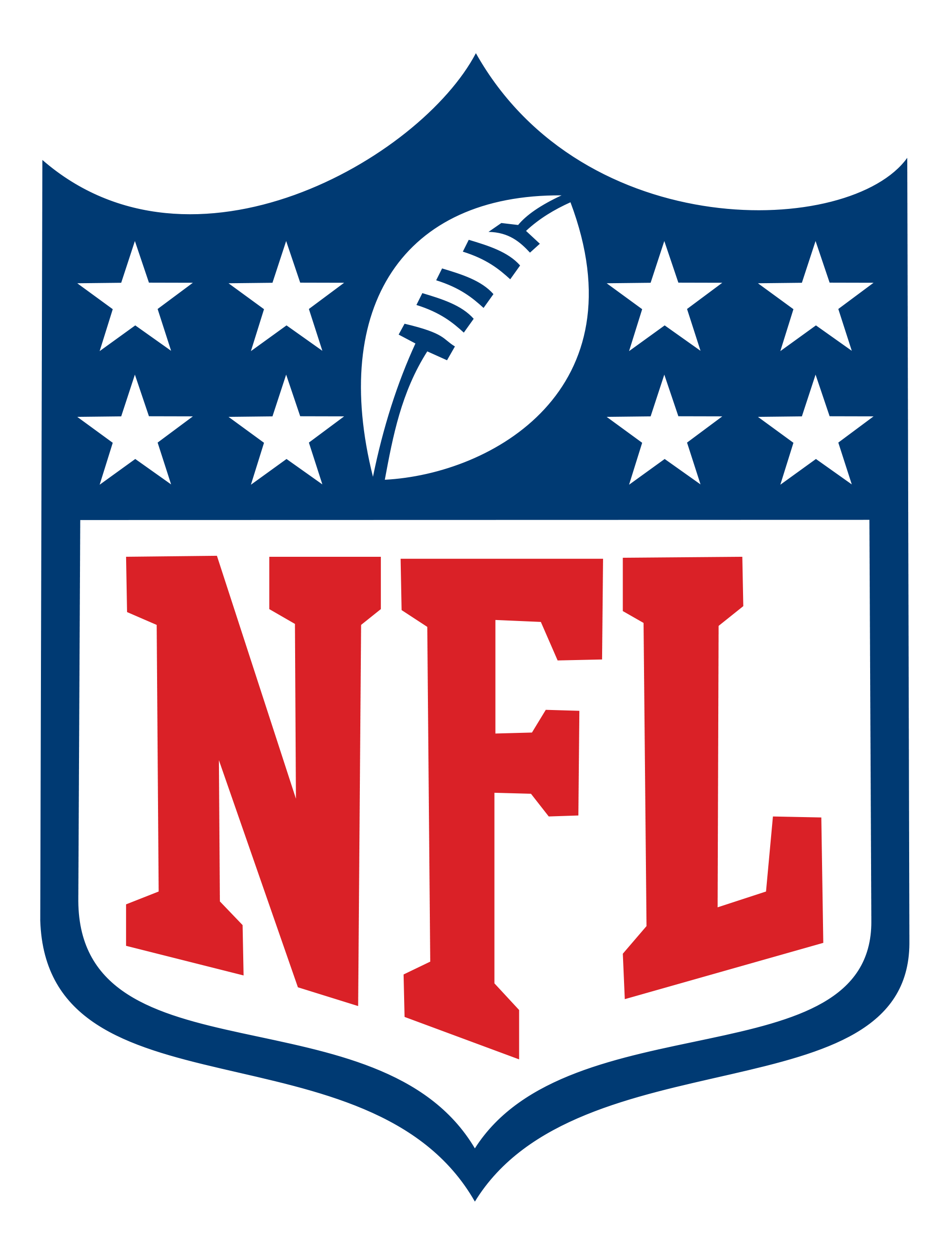 A logo with a shield shape featuring a blue background, white stars, and a white football in the center, with bold red letters spelling "NFL" at the bottom.