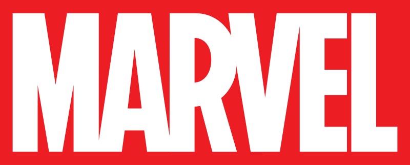 Marvel logo with bold red background and white text.