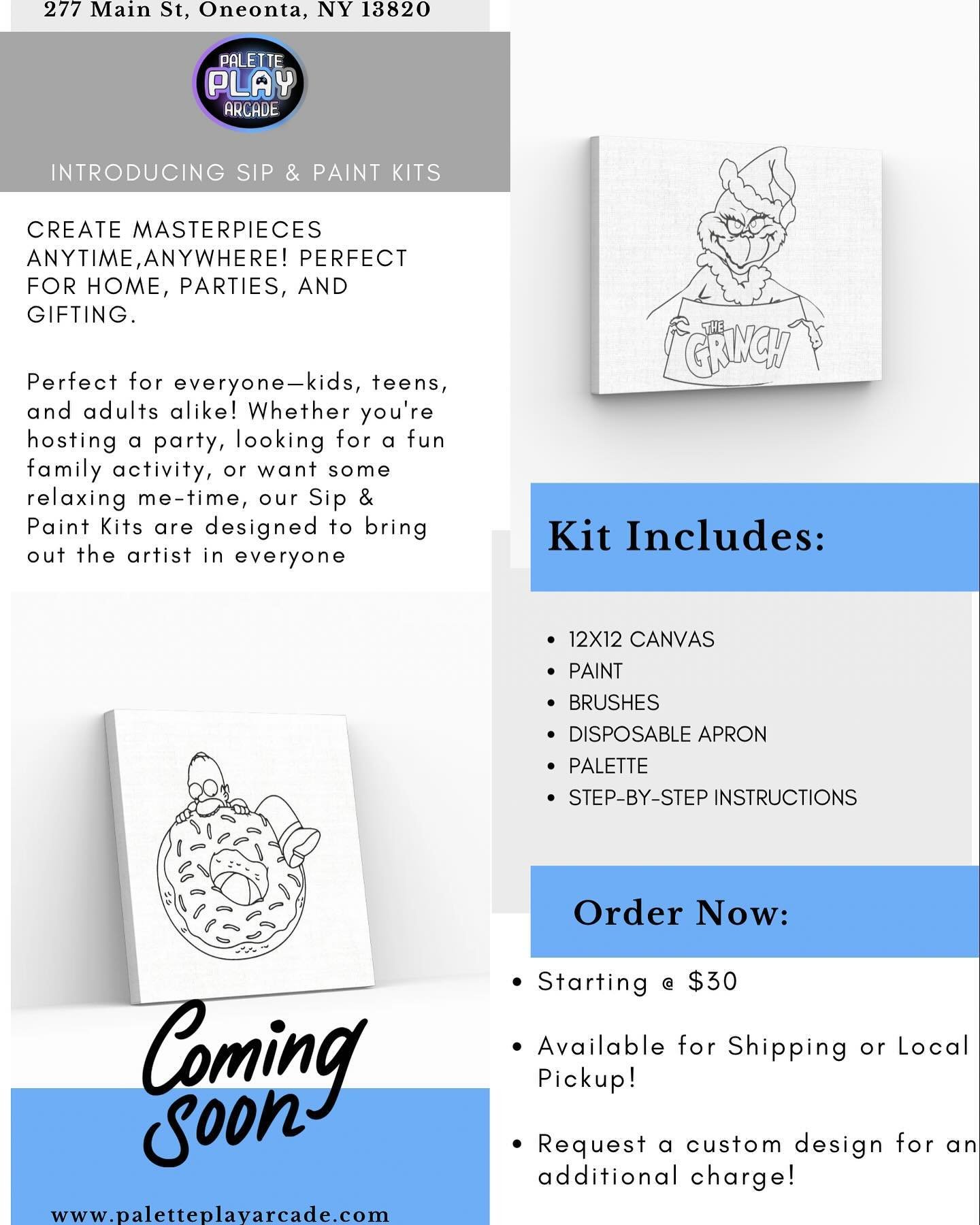 🎉 Exciting News at Palette Play &amp; Arcade! 🎨 Our Sip &amp; Paint Kits are arriving just in time for the holidays! 🖌️✨ Starting December 1st, bring home the fun and creativity with everything you need to create masterpieces anywhere. Perfect for