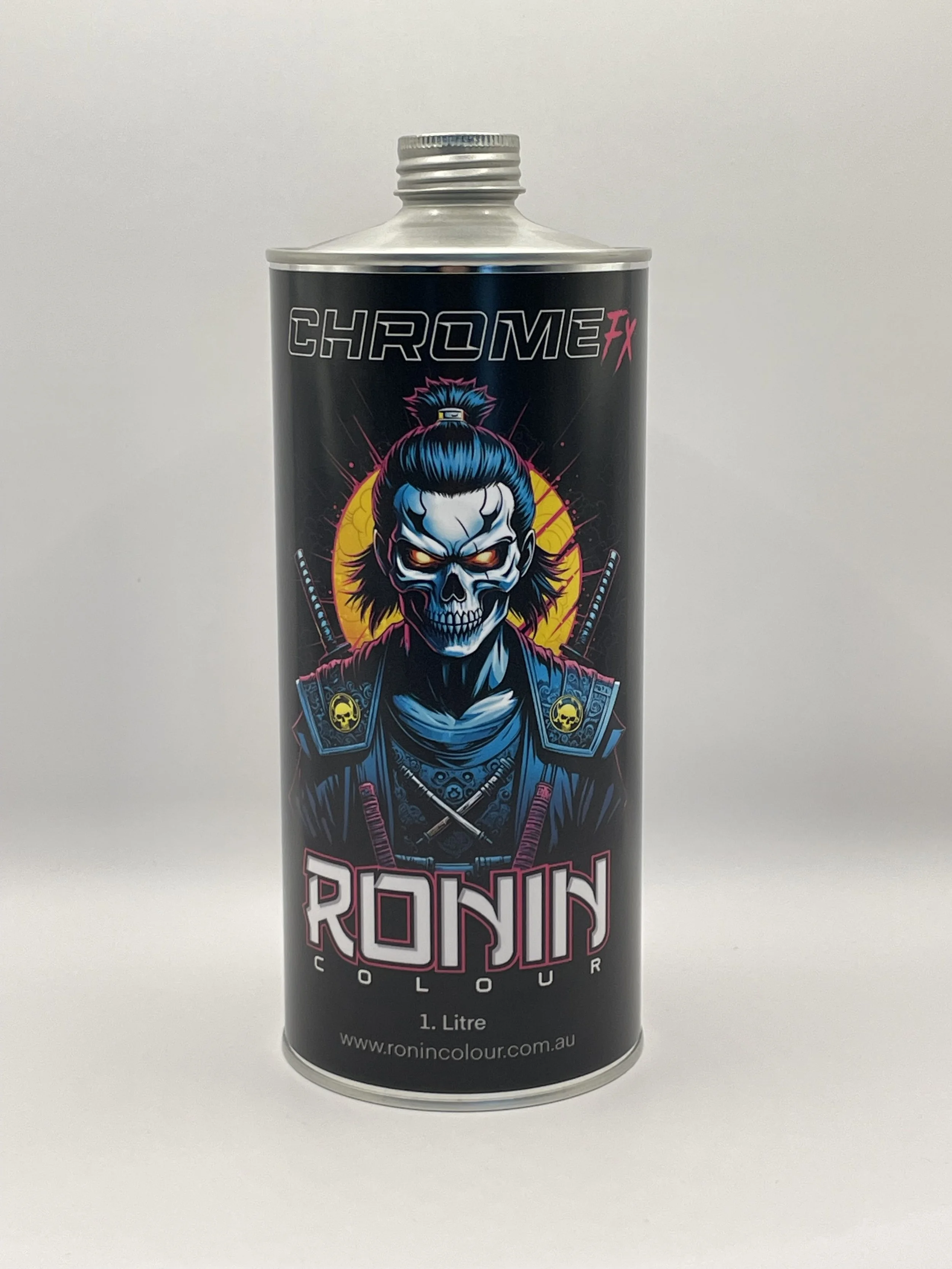 A black canister of Ronin Colour Chrome FX spray paint with a design of a blue skull-faced warrior with a pompadour hairstyle, set against a yellow sunburst background.