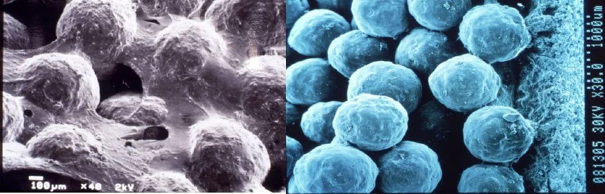 Microscopic comparison showing polymeric damage after oxidizer treatment versus clean formation after Hallux Energy Mannanase enzyme treatment at 250°F.