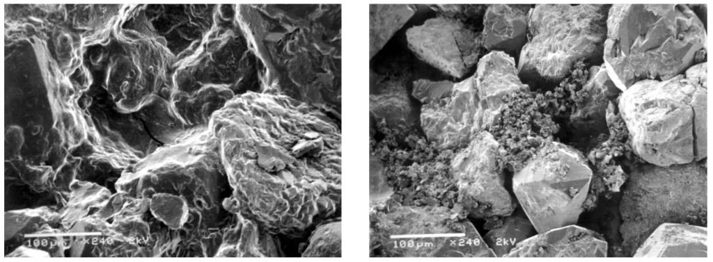 Microscopic comparison of sandstone core before and after starch polymer removal using Hallux Energy’s Amylase enzyme treatment.