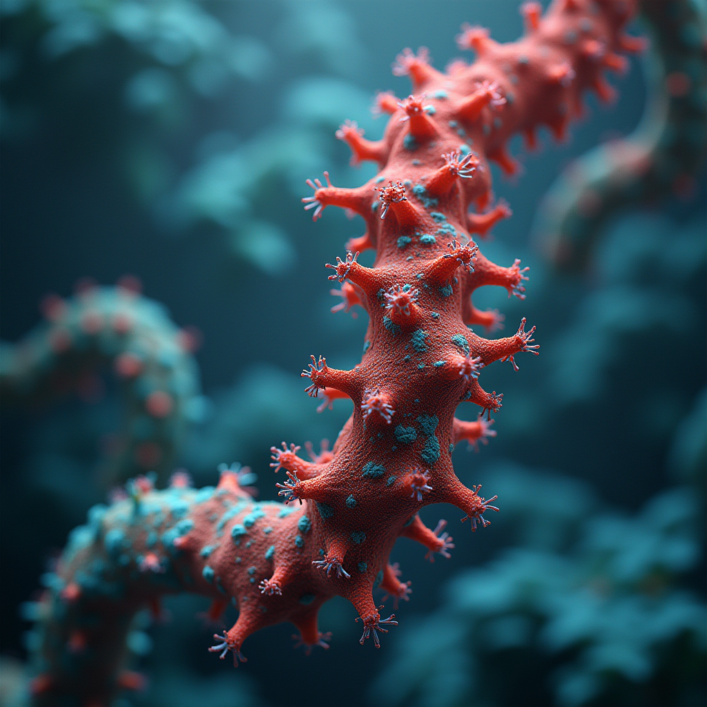 Molecular visualization representing enzyme chemistry used in Hallux Energy’s well completion fluids and breaker technologies.