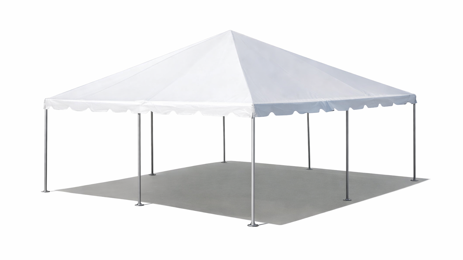 White event tent with a canopy, supported by metal poles, set over a gray outdoor rug.
