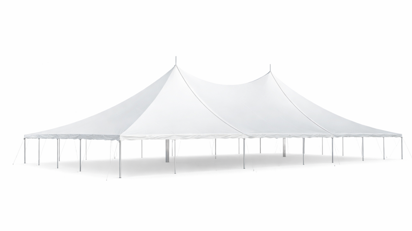 Large white event tent with multiple peaks and support poles on a white background