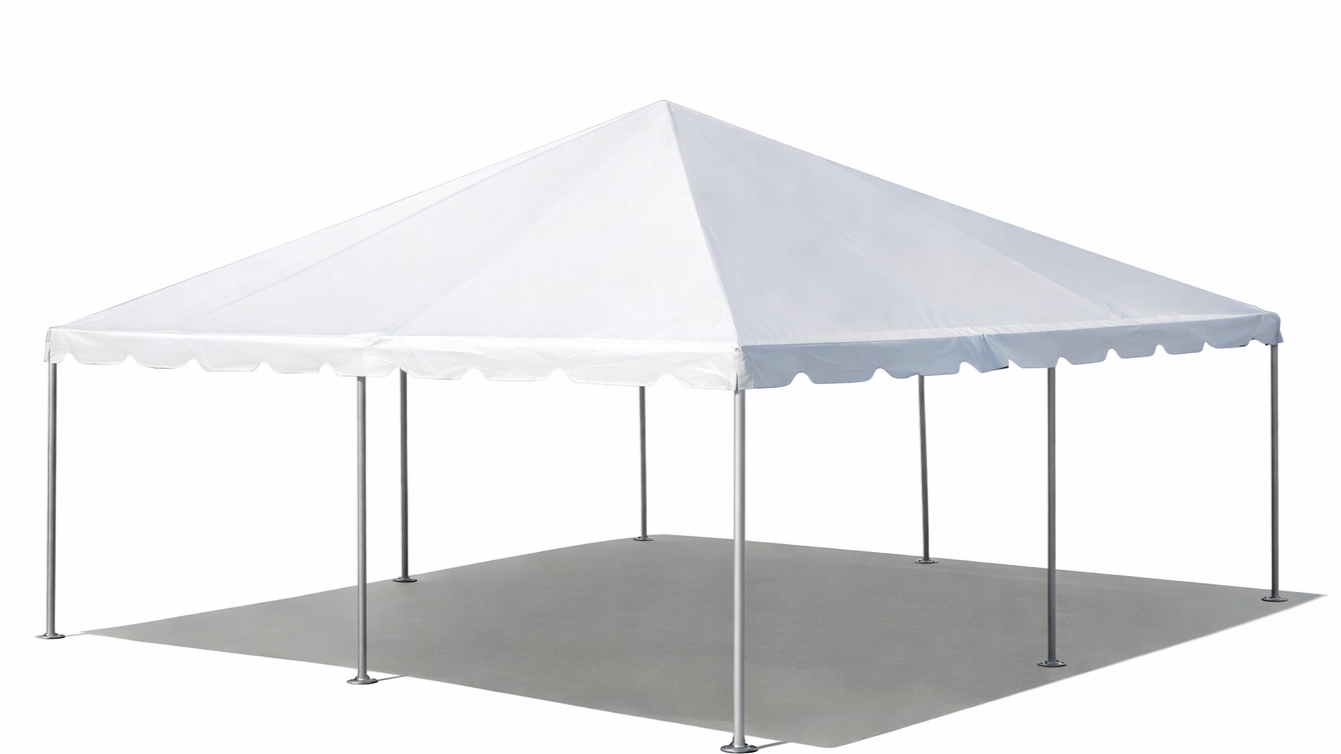 White outdoor event tent with metal poles and gray ground cover.