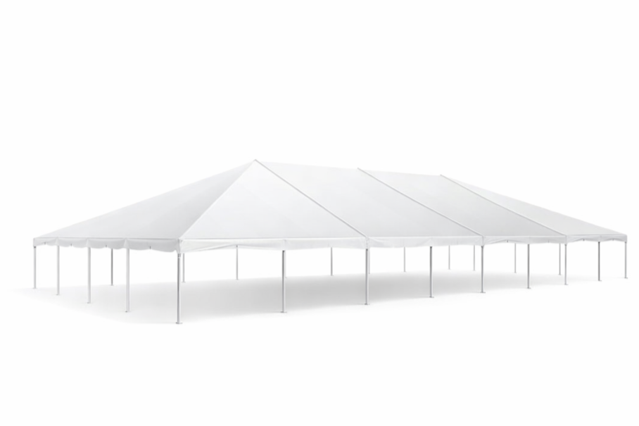 Large white event tent with multiple support poles set up on a white background.
