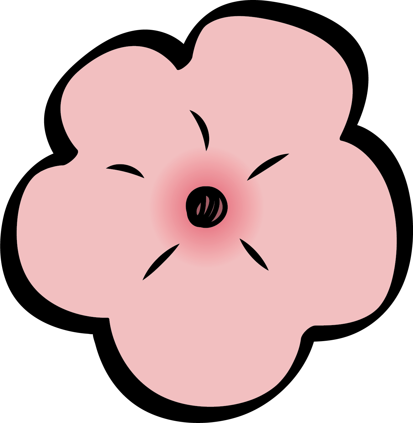 A stylized pink flower with rounded petals, black center, and black accent lines on each petal, set against a black background.