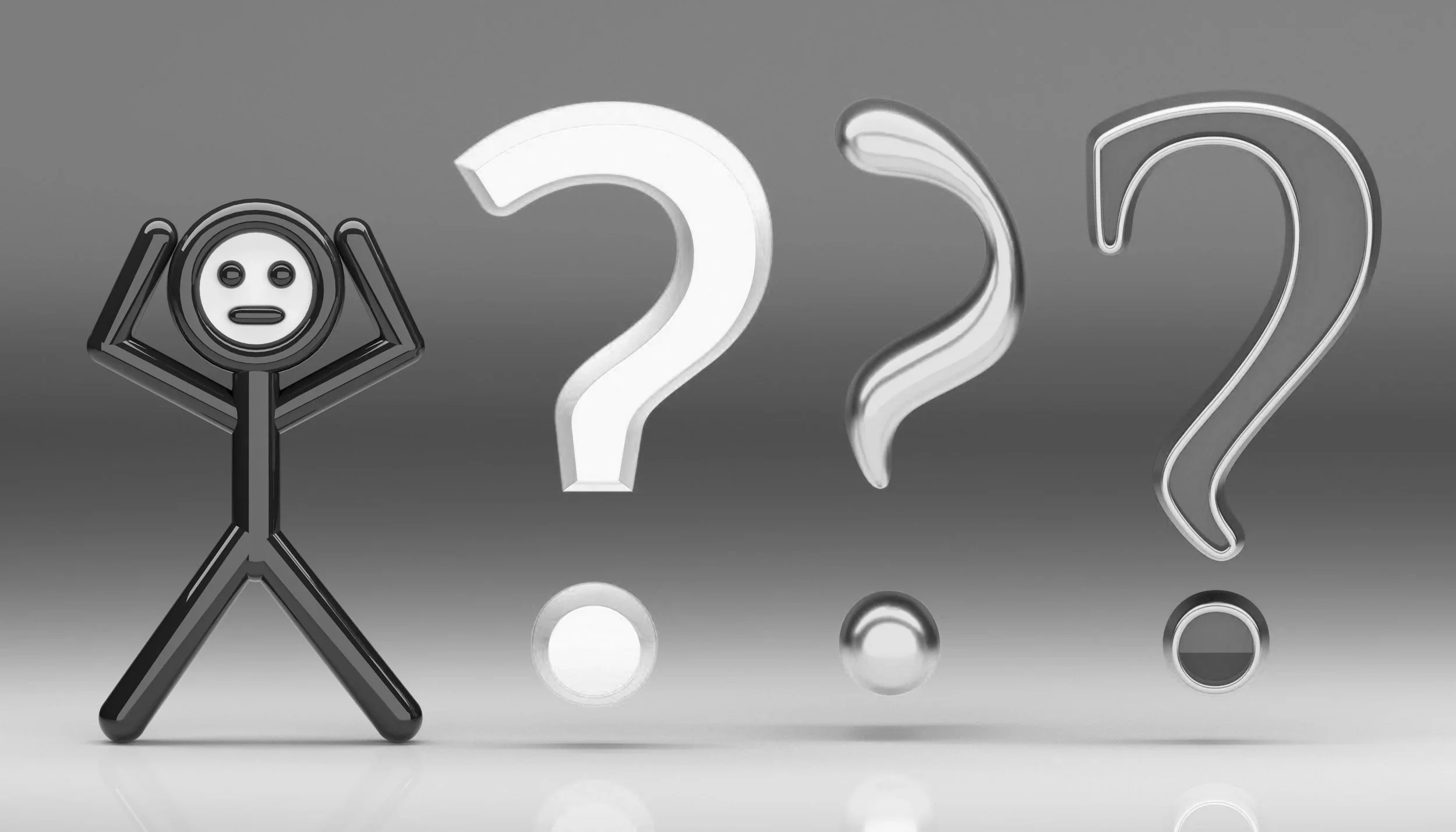 A stick figure with a surprised face holding its head, standing next to three large illuminated question marks of different styles.