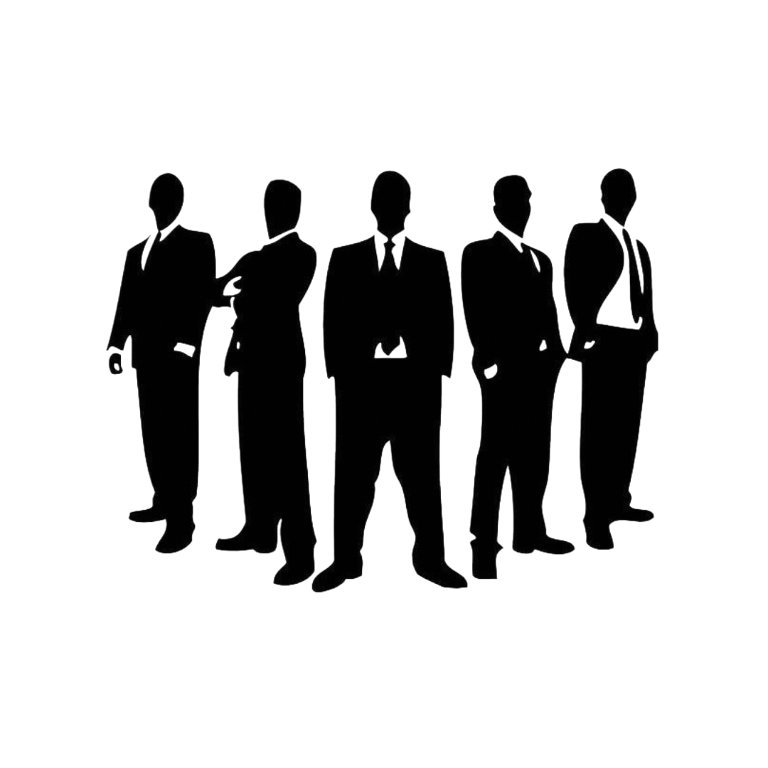 Silhouettes of five businesspeople standing in a row against a black background.