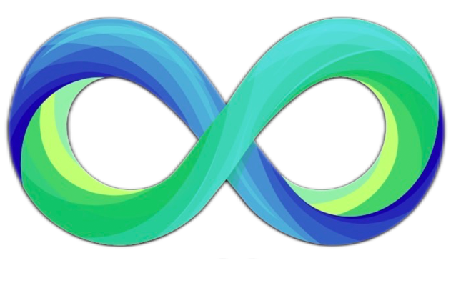 A colorful infinity symbol with shades of blue, green, and yellow against a black background.