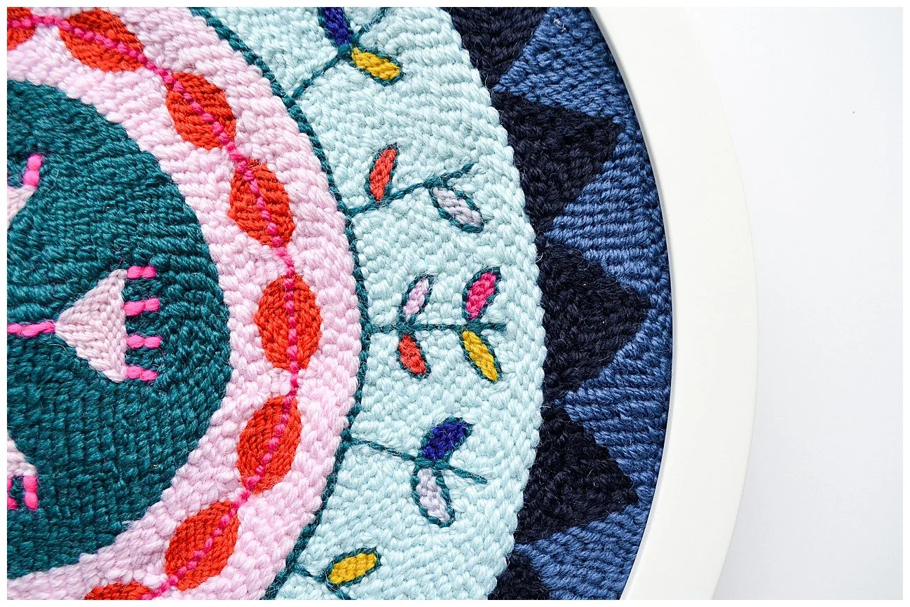 Bold, colourful wool composition referencing Niuean hiapo patterns, crafted by New Zealand artist Natalie Holland.
