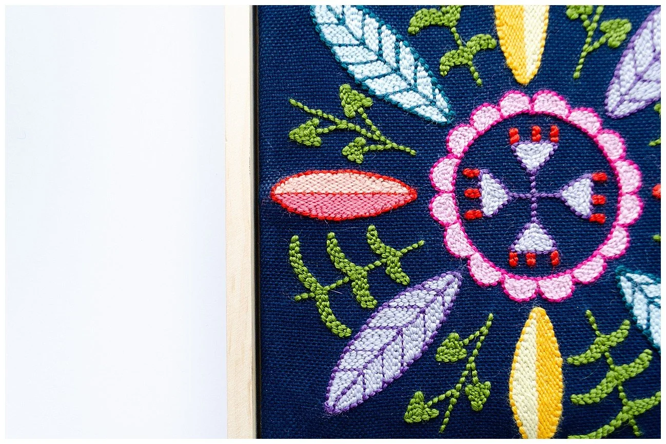 Detail of a punch needle textile artwork featuring contemporary Niuean hiapo-inspired motifs in colourful New Zealand wool.