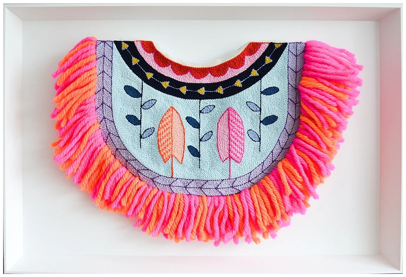 Bold, colourful wool composition referencing Niuean hiapo patterns, crafted by New Zealand artist Natalie Holland.
