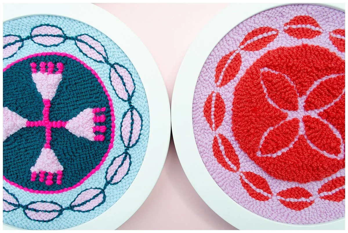 Contemporary wool artwork by Natalie Holland exploring Niuean storytelling through textile design.