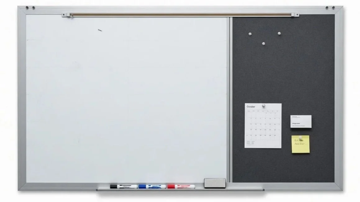 A large whiteboard with a small section of black corkboard on the right side, containing a calendar, a business card, and a sticky note.