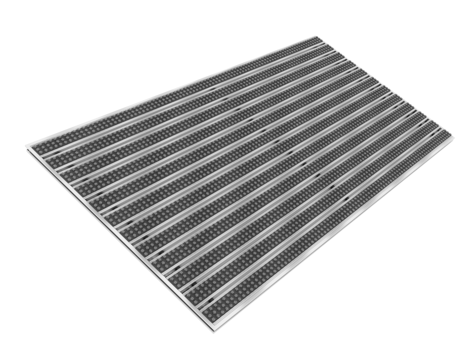 A black and gray automotive radiator with horizontal fins and tubes.