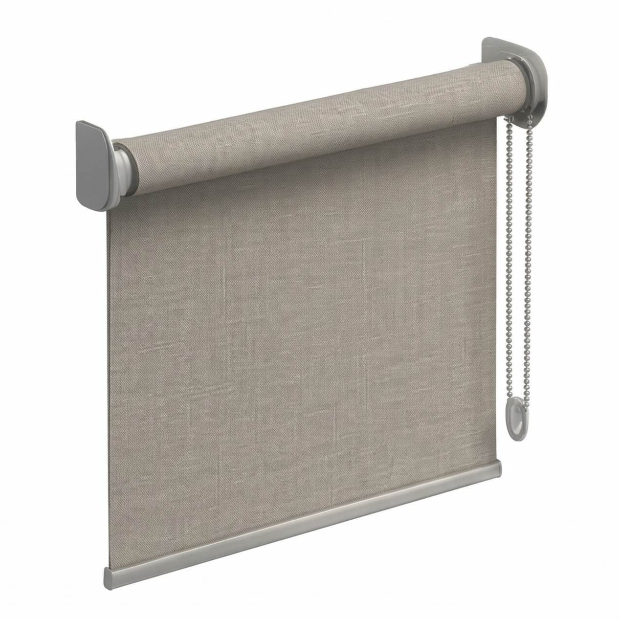 Roll-up window blind with a beige fabric shade and a chain pull on the right side.