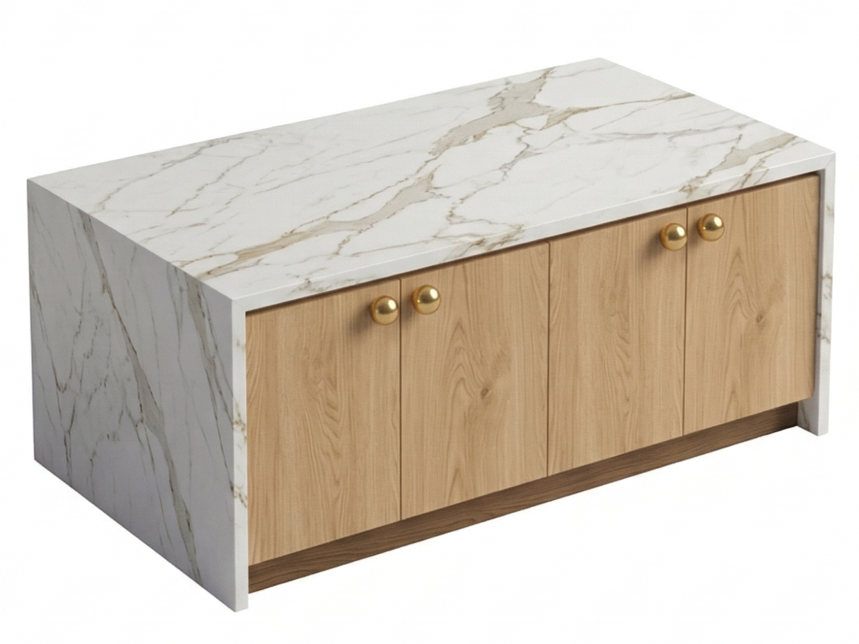 A modern sideboard with a white marble top and three wooden cabinet doors with gold round handles.