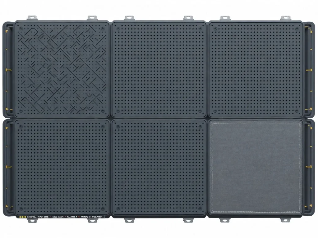 Six black, textured, square rubber mats with different surface patterns stacked overlapping.