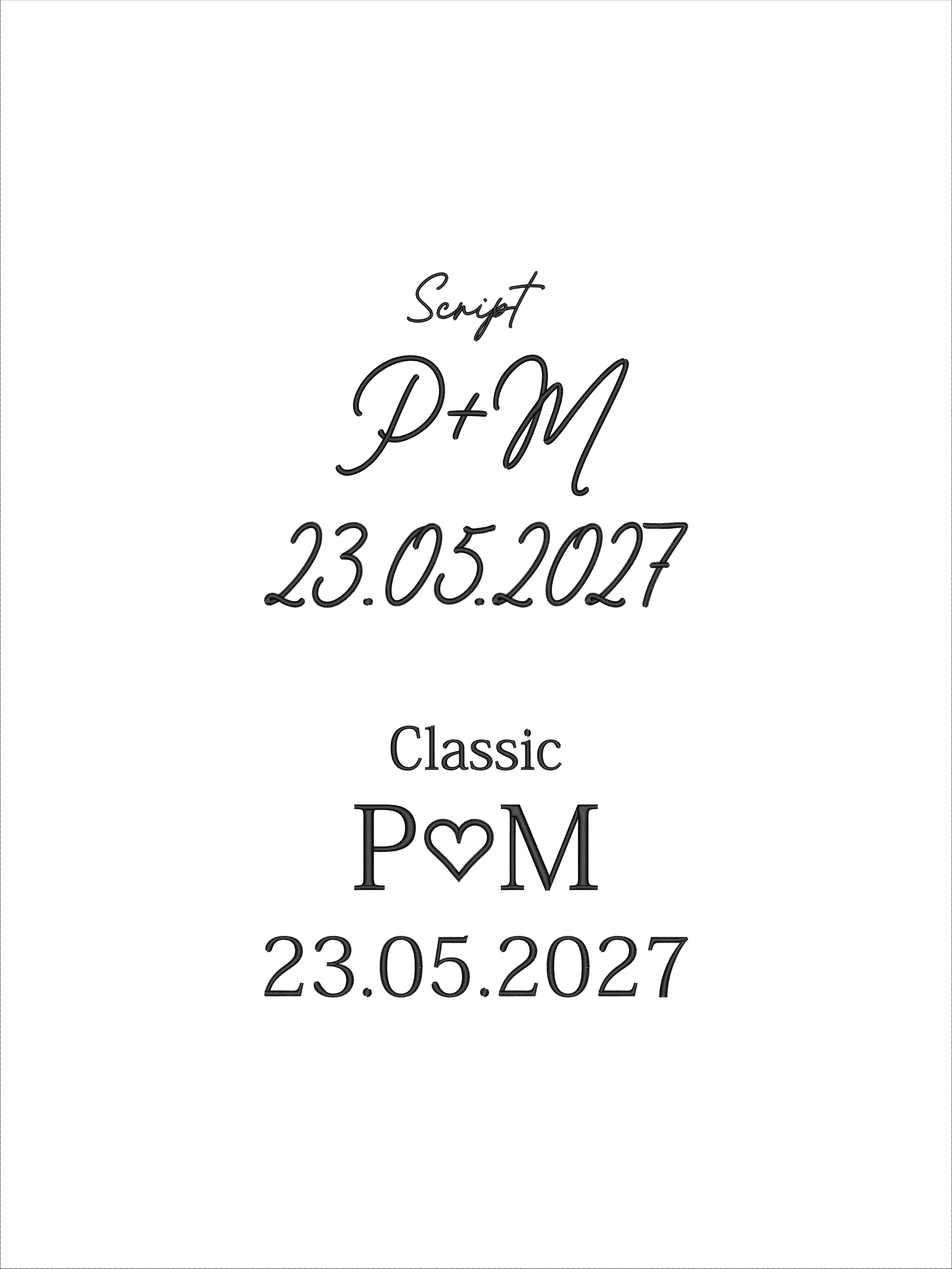 Initials and date embroidery examples