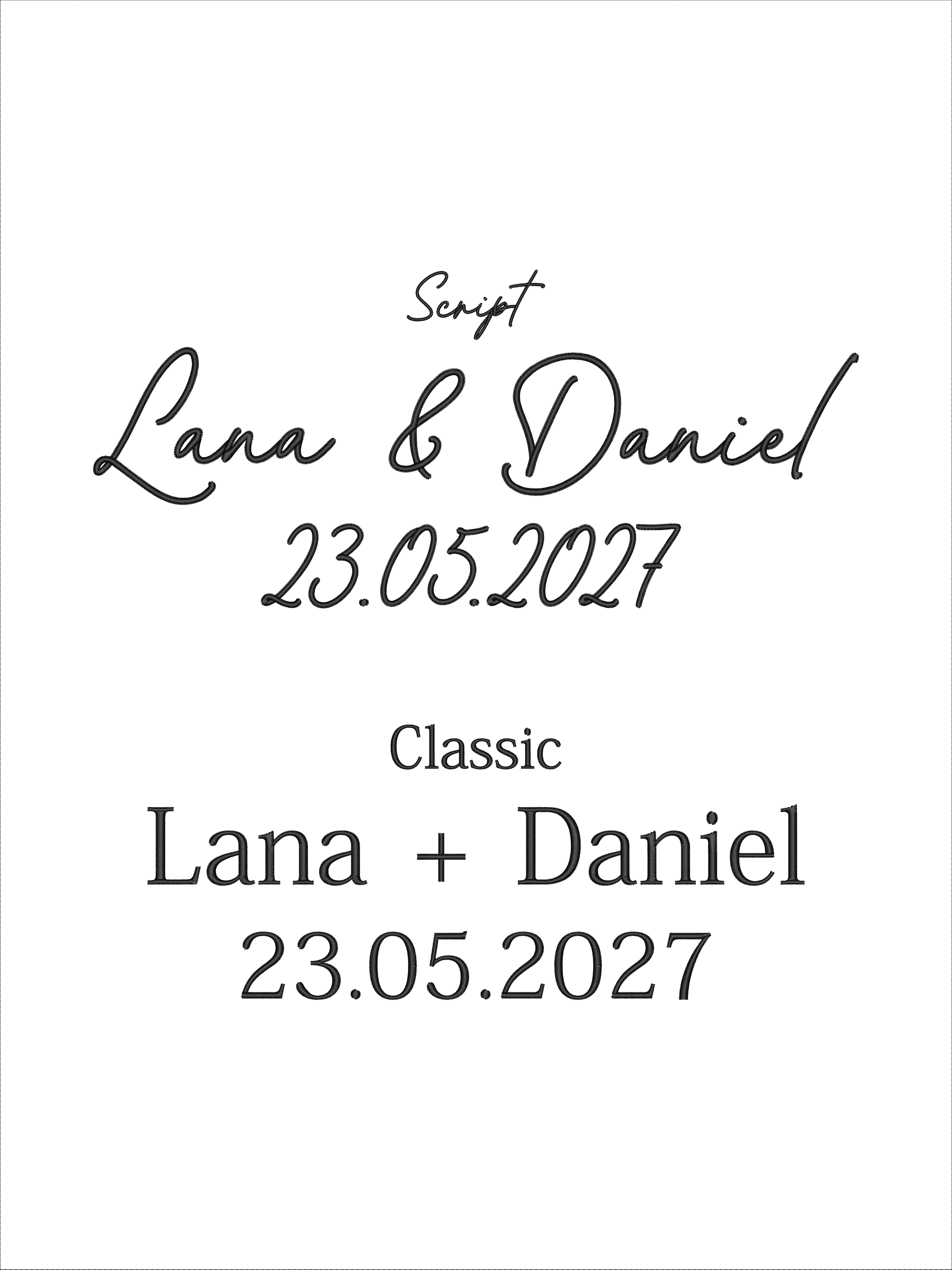 Names and date embroidery examples