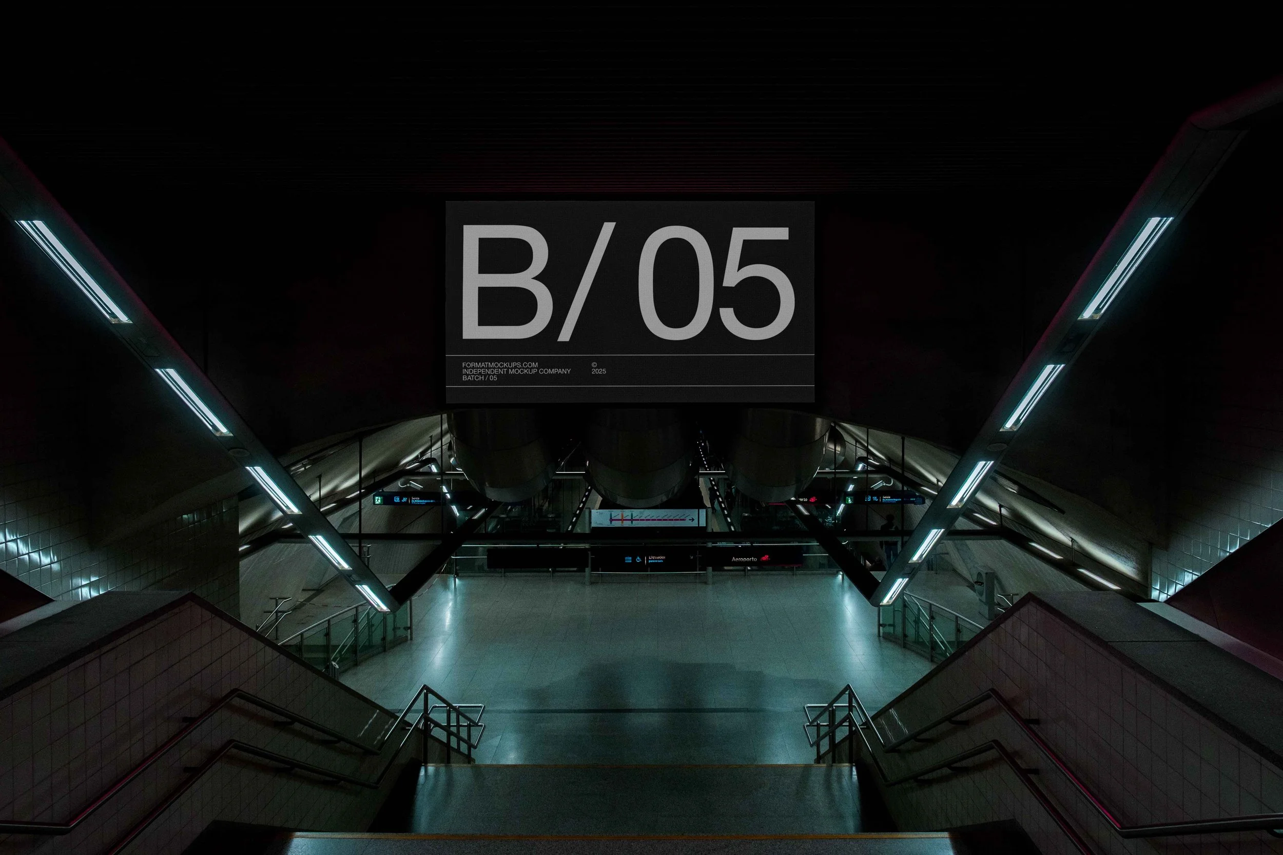 Empty underground metro station with modern lighting, escalators, and an illuminated sign displaying B/05.