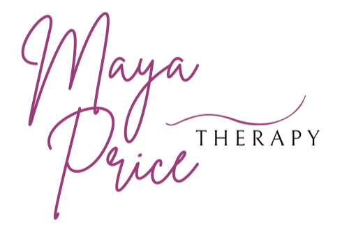 Maya Price Therapy logo with purple cursive text and a black serif font