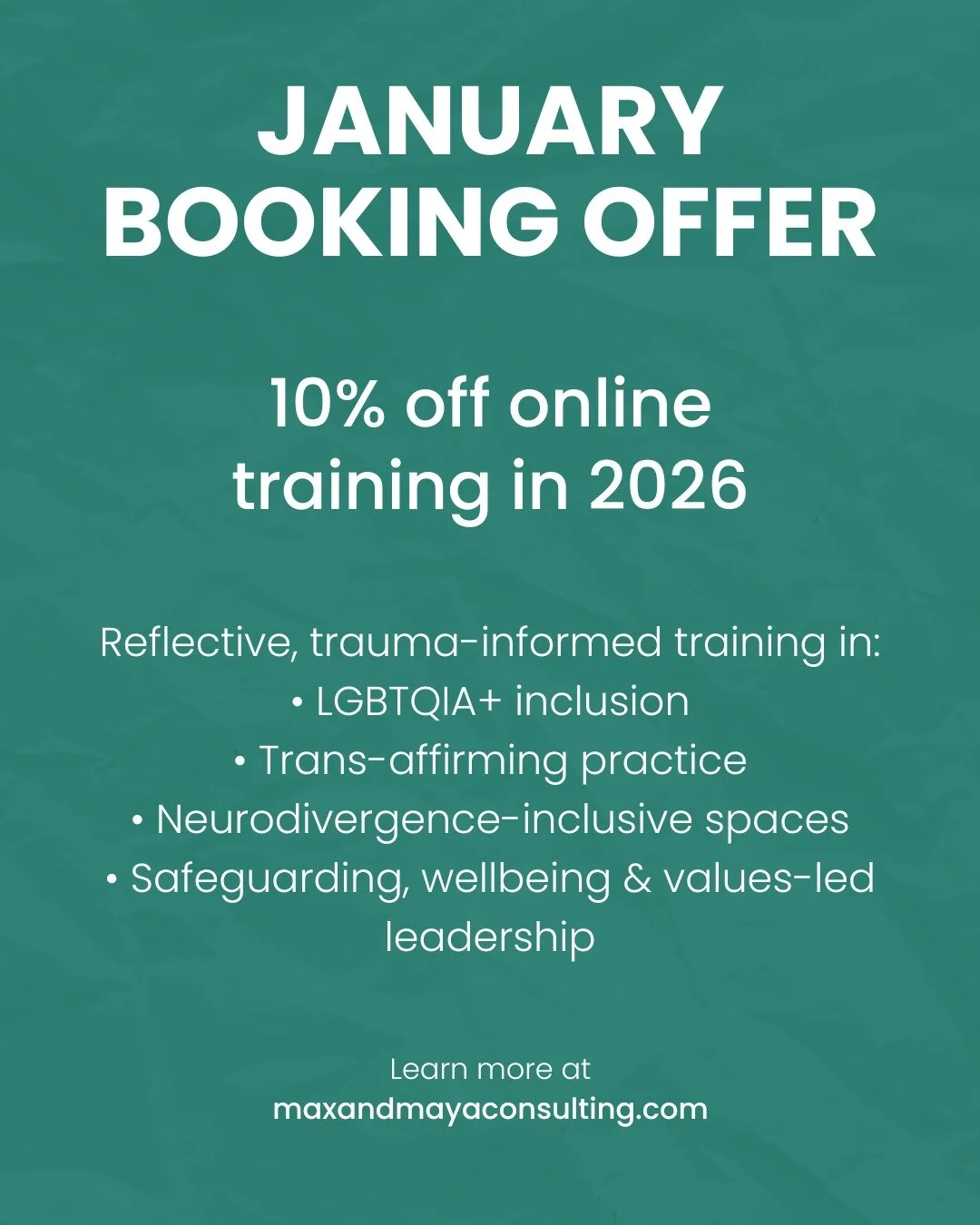 We&rsquo;re offering 10% off one-off online training sessions delivered in 2026 for organisations, teams, and educational settings that book by 31 January.

Our work supports people and organisations who want to engage thoughtfully with inclusion, le