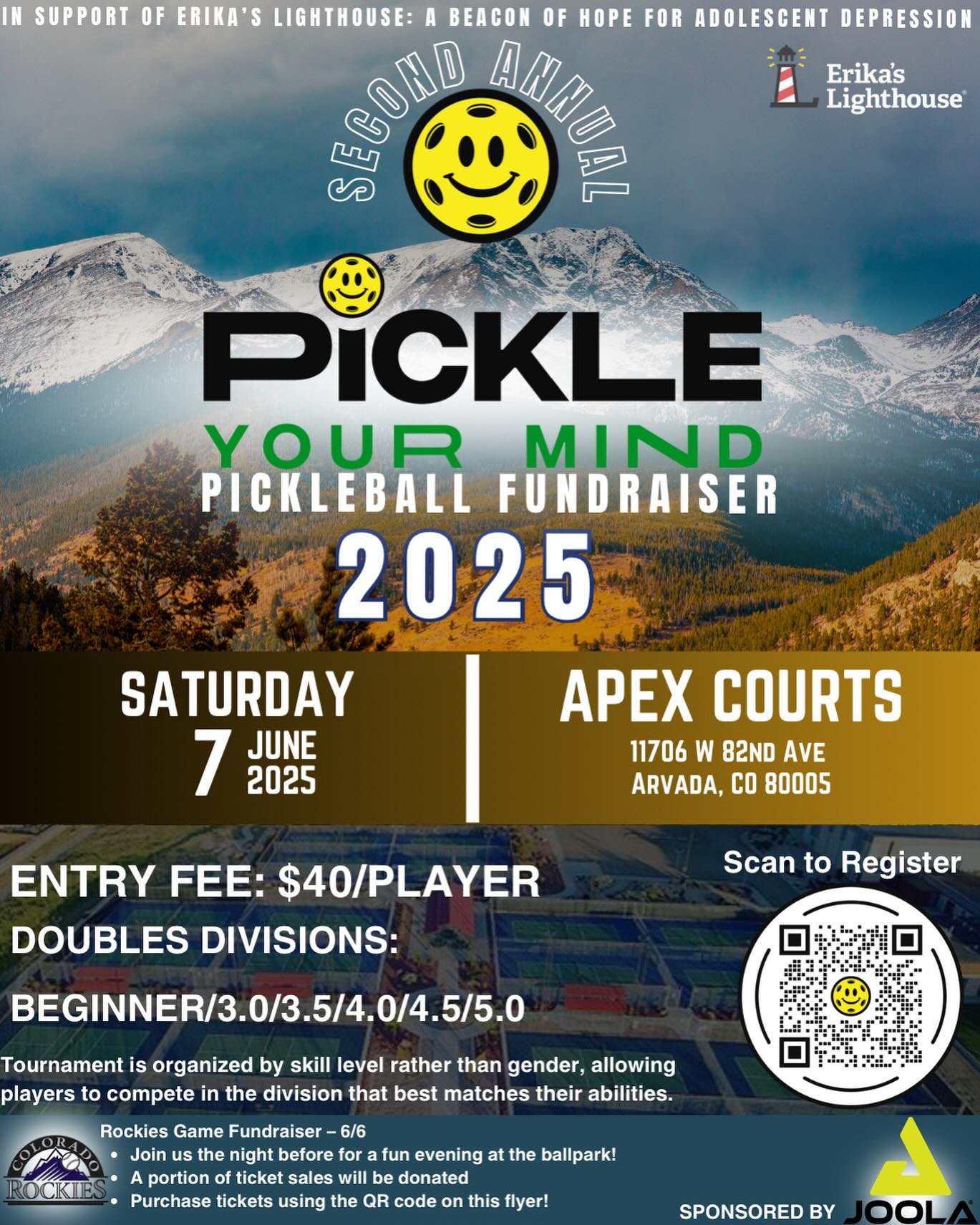 Our friends at Pickle Your Mind, an organization dedicated to bringing awareness to mental health through Pickleball is hosting a tournament to raise money to fight youth depression.  They were founded in Denver last year and are back for their 2nd a