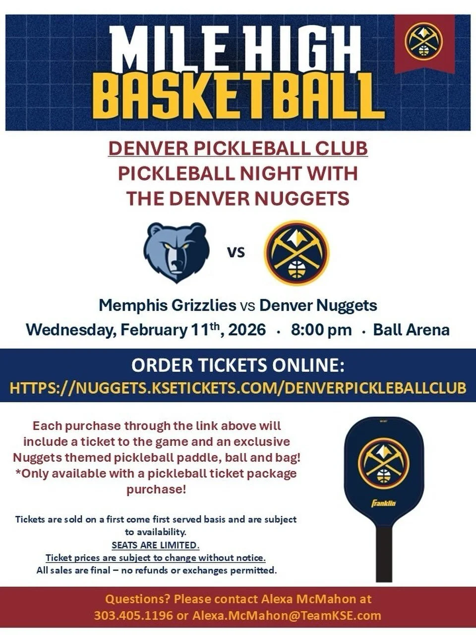 🏀🥒 Pickleball Night with the Denver Nuggets is Live! Join Denver Pickleball Club at Ball Arena as the Denver Nuggets take on the Memphis Grizzlies on Wednesday, Feb 11th at 8:00 PM. 🎟️ Every ticket includes:
&bull; Game ticket
&bull; Exclusive Nug
