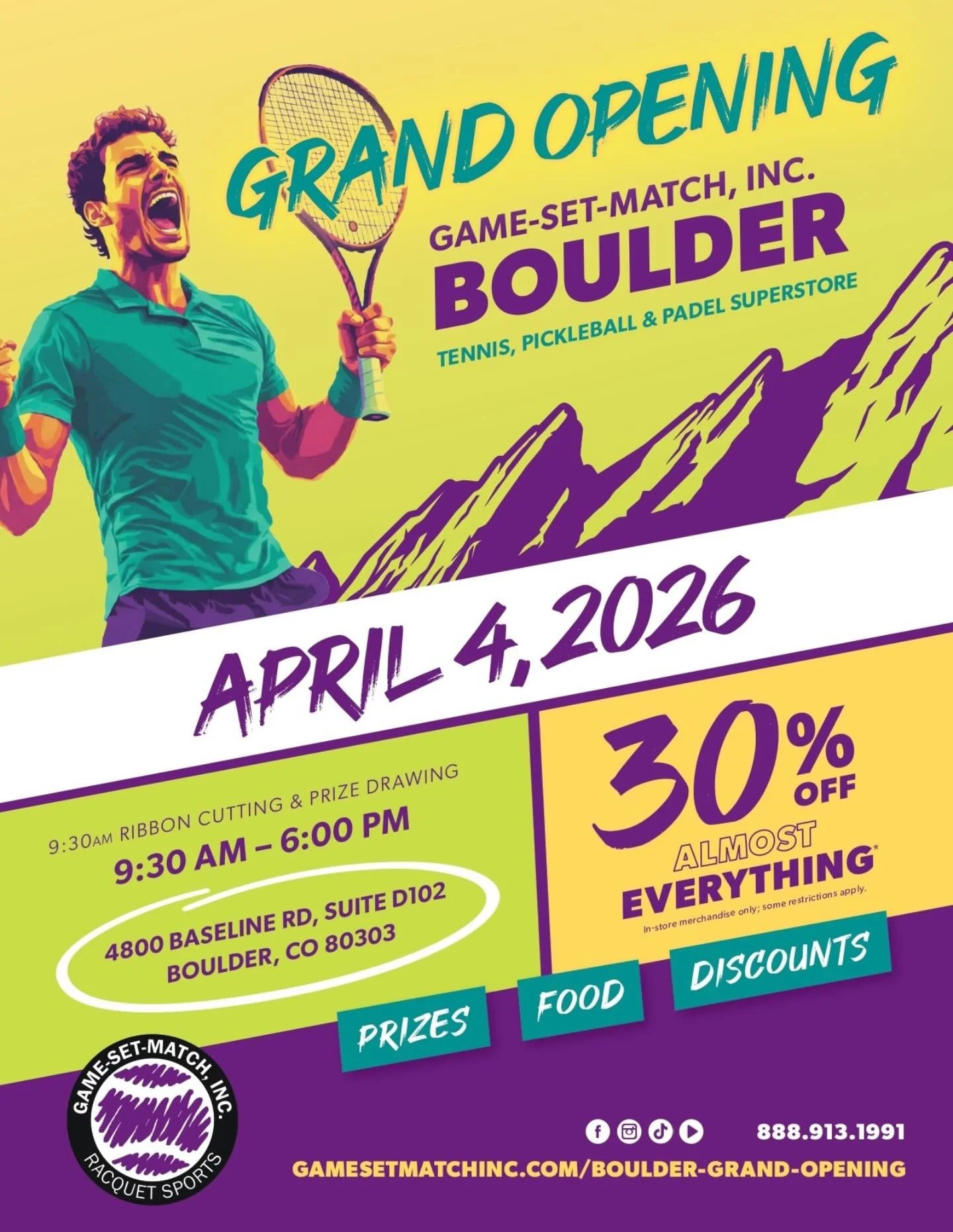 Let&rsquo;s grow the racket sports community in Colorado 🎾🏓 More players and better gear benefits us all!

@gamesetmatchinc is celebrating the Grand Opening of their new Boulder Store&mdash;and you&rsquo;re invited!

Boulder Store Grand Opening - S