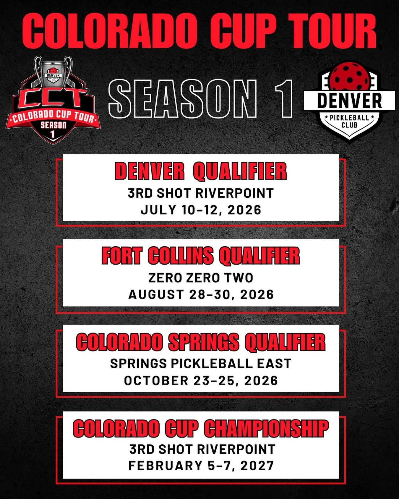 Big news!! 🚨🏓 The Colorado Cup Tour schedule is officially here! 🔥 Over the next 12 months, DPC will be hosting a 4-event tournament series across Colorado, featuring 3 qualifier tournaments where players can earn points toward the fourth event: t