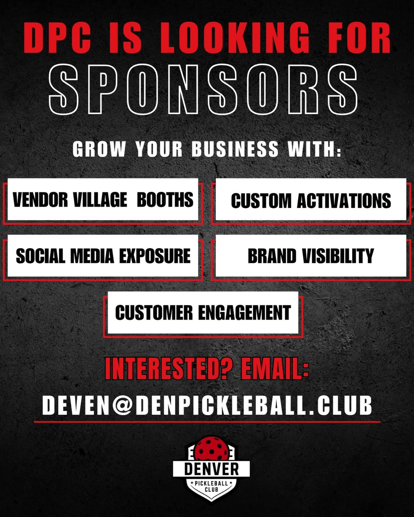 Denver Pickleball Club is currently looking for long-term partners for the Colorado Cup Tour, and we&rsquo;d love to connect with businesses that want to grow their visibility in the Colorado pickleball community.

Know a business or friend who may b